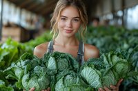 Young Caucasian woman in overalls holding fresh green cabbage heads in organic farm greenhouse, promoting healthy eating and sustainable agriculture.
