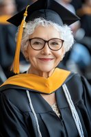 Senior woman with silver hair wearing graduation cap and gown smiles warmly at graduation ceremony, representing lifelong learning and academic achievement.