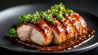 Glazed roasted pork tenderloin slices with sesame seeds and fresh herbs on dark plate. Succulent meat with caramelized coating for culinary presentations.