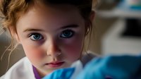 Young girl with striking blue eyes and rosy cheeks gazes intently at camera, wearing white top against soft blurred background. Natural lighting creates gentle shadows.