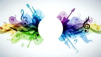 Colorful musical notes and instruments flowing in abstract waves with treble clef symbols on white background for creative design projects.