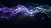 Glowing purple and blue energy waves flowing across dark space with particle effects, suitable for technology and digital backgrounds.
