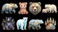 Watercolor bear collection featuring brown, polar, and black bears in various poses with mountain landscapes and paw prints, isolated on transparent background for t-shirt designs, clipart, stickers, and print-on-demand products.