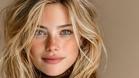 Young blonde woman with natural freckles and tousled hair smiling warmly at camera against neutral beige background for beauty and lifestyle concepts.