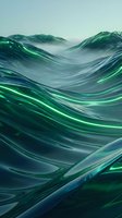 Abstract flowing waves with luminous green and blue gradients creating a dynamic landscape with misty mountains in soft focus background.