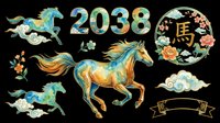 Horses galloping in turquoise, gold, and green tones with floral accents and 2038 numerals. Isolated on transparent background, ready for t-shirts, clipart, stickers, sublimation, and print-on-demand designs.