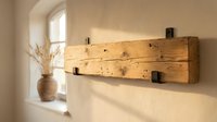 Rustic wooden floating shelf with metal brackets mounted on cream wall near arched window with decorative vase for modern farmhouse interior design.