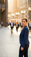 Professional businesswoman in navy suit standing confidently in urban financial district with blurred commuters and warm evening lighting.