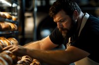 Bearded male baker in apron arranging fresh pastries and bread on bakery display shelf. Warm lighting creates artisanal atmosphere in professional kitchen setting.
