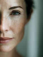 Close-up portrait showing half of a mature woman's face with natural freckles, bright blue eyes, and subtle smile against soft blurred background.