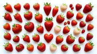 Fresh ripe strawberries collection isolated on white background. Various sizes and angles of red juicy berries with green leaves for healthy food design.