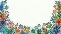 Colorful paw prints and botanical elements arranged on isolated white background, ready for pet-related designs, greeting cards, textiles, and merchandise applications.