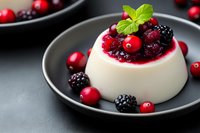 Creamy panna cotta dessert topped with mixed berry compote and fresh mint on elegant dark plate for gourmet dining and culinary presentations.