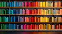 Colorful books arranged by spectrum colors on wooden library shelves creating rainbow pattern. Books spines organized from green through blue, red to yellow tones.