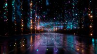 Magical illuminated night forest path with glowing lights and sparkles reflecting on wet surface creating dreamy atmosphere for fantasy backgrounds.
