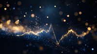 Glowing financial chart with golden bokeh lights on dark background shows market volatility and trading analysis through luminous graph pattern.
