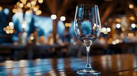 Empty wine glass on bar counter with blurred city lights and bokeh background, suitable for restaurant, hospitality, beverage, and nightlife design projects.