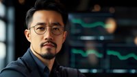 Asian male professional in glasses analyzing financial data on digital screens displaying green trading charts and market graphs.