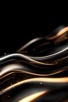 Luxurious black and gold waves with glowing particles create elegant flowing curves against dark background. Abstract design for premium branding and luxury packaging.