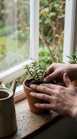 Hands gently holding terracotta pot with green succulent plant on wooden windowsill, natural light streaming through window for indoor gardening concept.