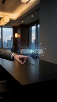 Businessman hand touching tablet with glowing business text and light rays in modern office conference room with city skyline view.