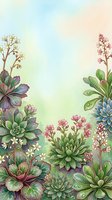 Watercolor succulent garden border with pink flowers and green rosettes on a soft pastel background, perfect for cards and prints.