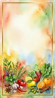 Watercolor illustration of fresh vegetables, herbs, and citrus fruits arranged at bottom with vibrant washes of red, yellow, green, and blue creating soft background. Ideal for recipe cards, cooking blogs, farmers market promotions, and culinary designs.
