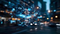 Futuristic digital technology visualization with glowing data streams and network connections floating over blurred urban night street background.