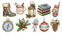 Vintage holiday ornaments and festive decorations isolated on white background, including winter boots, ceramic pitcher, lantern, stacked books, stocking, compass, holly sprigs, keys, baubles and pinecone for seasonal design projects.