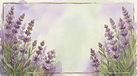 Watercolor lavender flowers frame with soft purple gradient background and vintage paper texture for botanical design projects and aromatherapy themes.