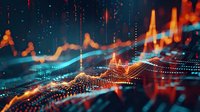 Financial market data visualization showing glowing orange and blue trading charts with depth of field effect on dark background with digital grid pattern.