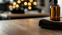 Amber glass bottle with essential oil on spa towel against blurred bokeh lights background, creating relaxing wellness atmosphere on wooden surface.