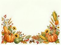 Autumn harvest border with pumpkins, corn, sunflowers, wheat, and seasonal foliage arranged on cream background. Isolated design element suitable for fall cards, invitations, and seasonal projects.