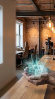 Modern office space with hands holding holographic business team figures representing digital workforce management and virtual collaboration technology.
