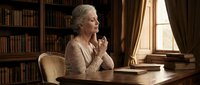 Senior Caucasian woman with gray hair sitting at wooden desk in library, reading book thoughtfully. Warm natural lighting creates cozy atmosphere for learning.