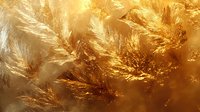 Ethereal golden frost crystals forming delicate patterns on glass surface in morning sunlight, creating magical winter atmosphere with natural ice formations.