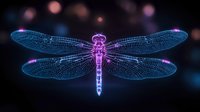 Glowing neon dragonfly with detailed wings illuminated in blue and pink against dark background with bokeh lights creates magical atmosphere.