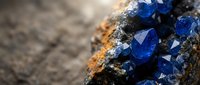 Blue sapphire crystals embedded in natural rock formation with golden mineral veins creating stunning geological specimen for jewelry and gemstone collection.