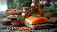 Fresh raw salmon fillet on wooden board with organic ingredients, nuts, seeds, herbs and spices. Natural omega-3 rich healthy cooking concept in rustic setting.