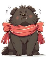 Cute cartoon black dog wearing oversized pink scarf wrapped around neck, blushing cheeks and closed eyes in kawaii anime style on white background.