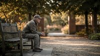 Elderly man sitting alone on park bench during golden hour autumn evening, contemplating life in peaceful urban setting with warm sunlight filtering through trees.
