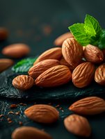 Fresh raw almonds scattered on dark stone background with green mint leaves, macro food photography with selective focus and natural lighting.