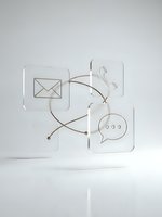 White communication icons connected by curved lines showing email, phone and chat symbols for business contact and customer service concepts.