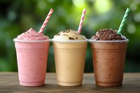 Three colorful protein smoothies in takeaway cups with striped straws on wooden table against blurred green background for healthy lifestyle content.