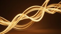 Glowing golden light trails twisted in flowing wave pattern against dark brown background, creating dynamic motion effect for technology and energy concepts.