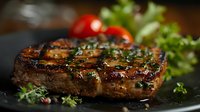 Juicy grilled beef steak with herbs and spices on black plate, garnished with fresh cherry tomatoes and lettuce. Close up view with selective focus.