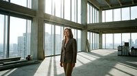 Businesswoman in olive blazer standing in modern empty loft space with floor-to-ceiling windows overlooking city skyline, natural light streaming through glass, professional corporate environment for business and office concepts.