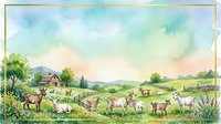 Pastoral farm landscape with grazing livestock, countryside cottage, rolling hills, and wildflowers in soft watercolor style for rural, agricultural, and nature-themed designs.