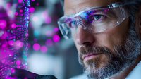 Mature bearded scientist wearing protective eyewear observes glowing purple particles in dark laboratory setting. Dramatic lighting creates futuristic research atmosphere.