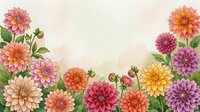 Colorful dahlia flowers border frame on watercolor background with copy space for text, greeting cards, wedding invitations and floral design projects.